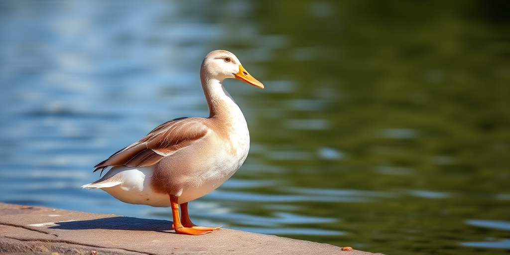 Create a high-resolution image of a duck standing gracefully by the water's edge, captured with a DSLR camera at f/2.8, ISO 100, 1/500s shutter speed, in natural light, with a shallow depth of field to blur the background.