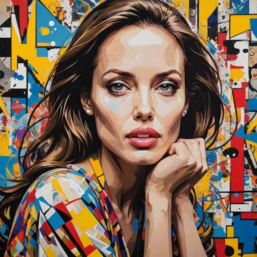 Featuring a young angelina jolie, A vibrant artwork blending bohemian style with edgy street art, . The design mixes vibrant colors with the modern Disney-inspired style, echoing Roy Lichtenstein's pop art. The overall mood is optimistic and trendy, with elements of Johannes Vermeer’s classic elegance, combined with the geometric abstraction of crystal cubism. add Stockholm silhouette