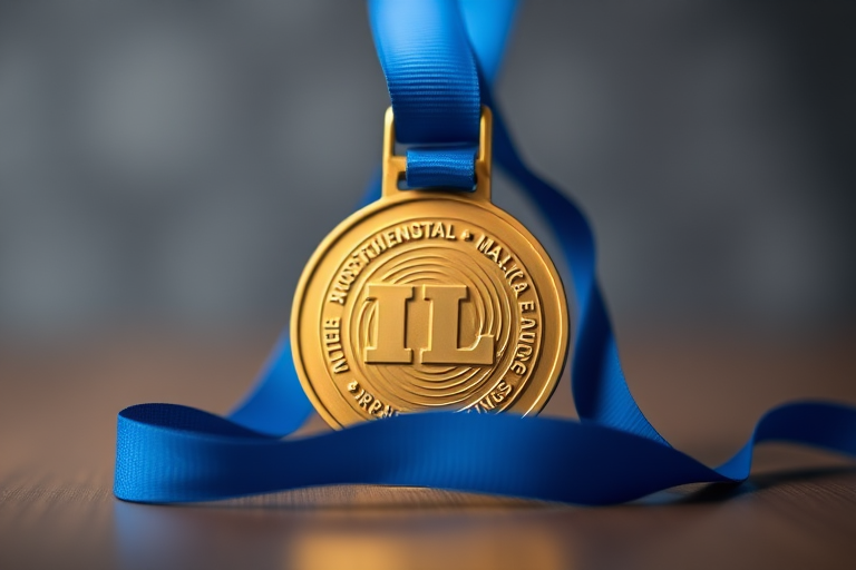 Create a high-resolution image of a gold medal with a blue ribbon, using a 50mm lens, aperture f/2.8, shutter speed 1/125s, and ISO 100, shot from a frontal view with a soft focus background to enhance the medal's details.