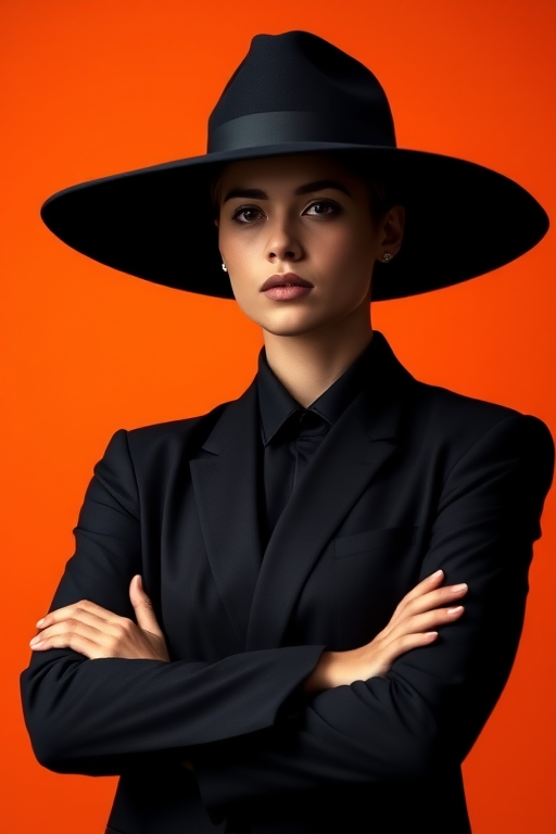 Create a sleek, minimalist portrait of a figure wearing a wide-brimmed black hat, arms crossed, with a striking orange circular background, using a DSLR camera at f/2.8 aperture, ISO 100, 50mm lens, soft lighting for a dramatic effect, shot from a low angle to enhance the subject's presence.