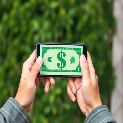 create an image of two hands holding smartphones with a green dollar bill in the center and arrows indicating money transfer, shot from a top-down view, with a shallow depth of field, using a DSLR camera, f/2.8 aperture, ISO 100, 50mm lens, natural lighting