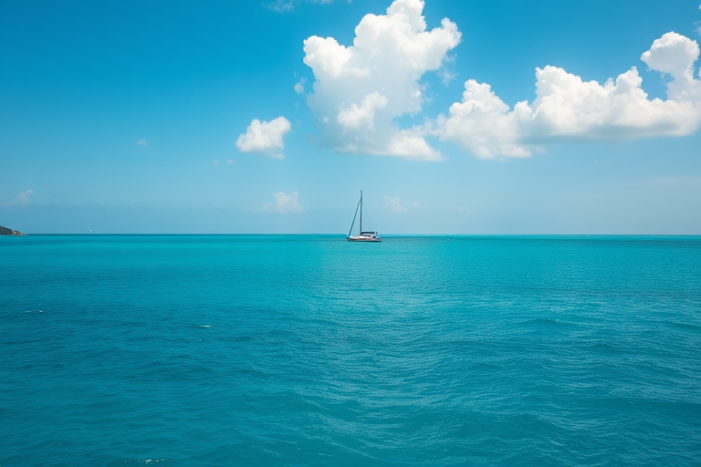 A serene sea view with a sailboat in the distance, bright blue ocean under a clear sky with fluffy clouds, shot with a Canon EOS R5 at 35mm, f/8 aperture, ISO 100, using a wide-angle lens for enhanced depth and clarity.