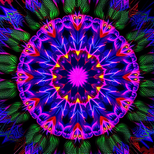 create a vibrant fractal art image with intricate patterns and bright neon colors, using a Canon EOS 5D Mark IV, f/8 aperture, ISO 100, 24mm focal length, capture in macro view to enhance detail and texture
