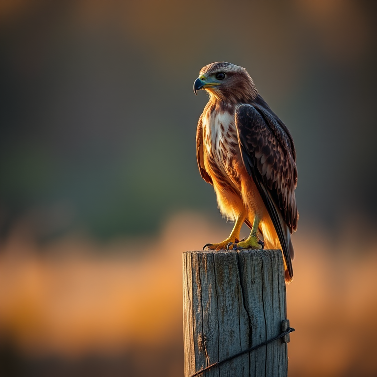 Capture a close-up of a perched hawk on a weathered wooden post during golden hour, using a DSLR camera with a 70-200mm lens at f/4, ISO 100, shutter speed 1/500 sec, in natural light, with a shallow depth of field to blur the background for enhanced focus on the subject.