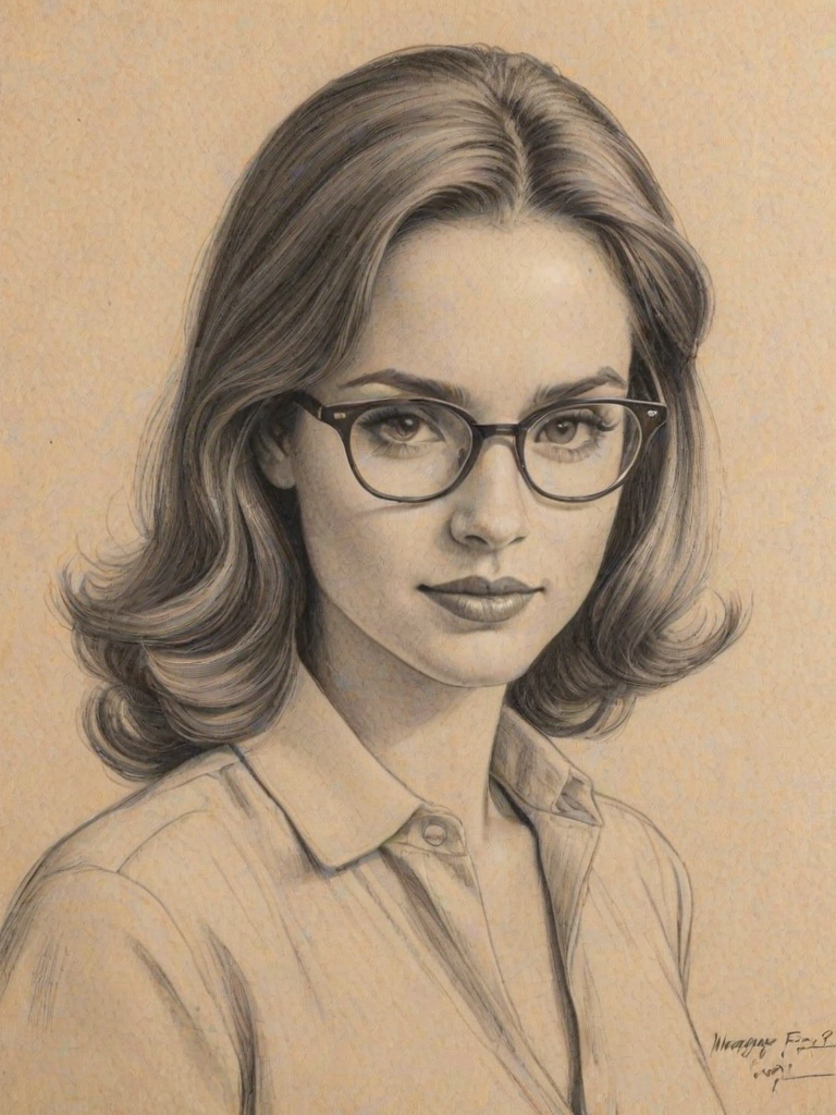 Graceful Meghan Fox, pencil sketch, portrait of Charming woman 1949s in glasses, hair style beatnik, outline, clear lines, fine lines, 8k