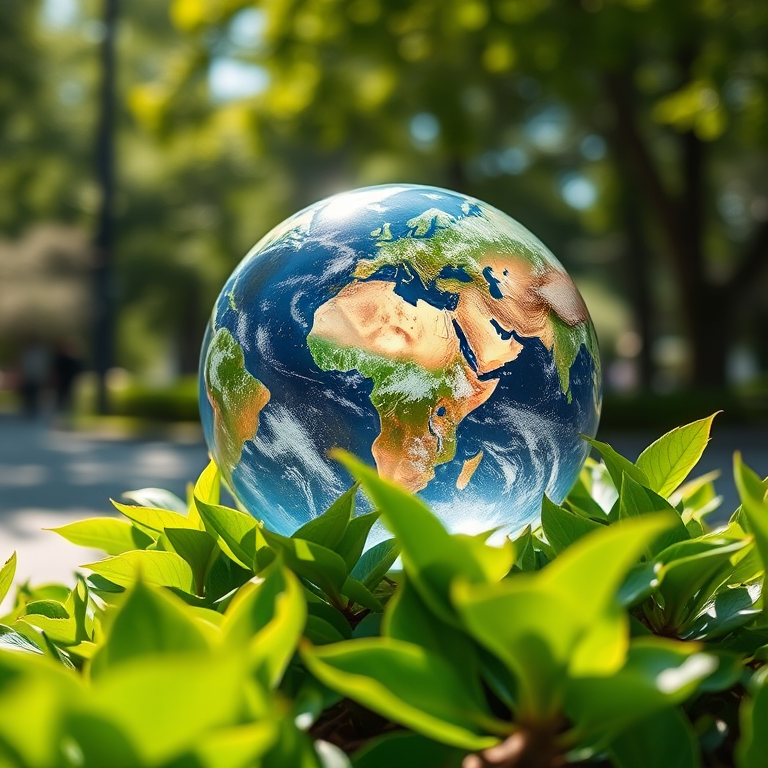 A crystal globe of Earth surrounded by vibrant green leaves in a sunny park setting, captured with a Canon EOS R5, 50mm lens, f/1.8 aperture, ISO 100, soft focus background, high dynamic range for enhanced colors and details.