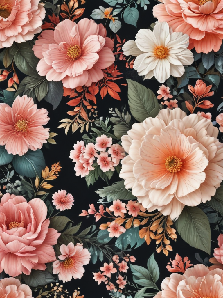 Vibrant Floral Pattern Featuring Various Blossoms Against a Dark Background