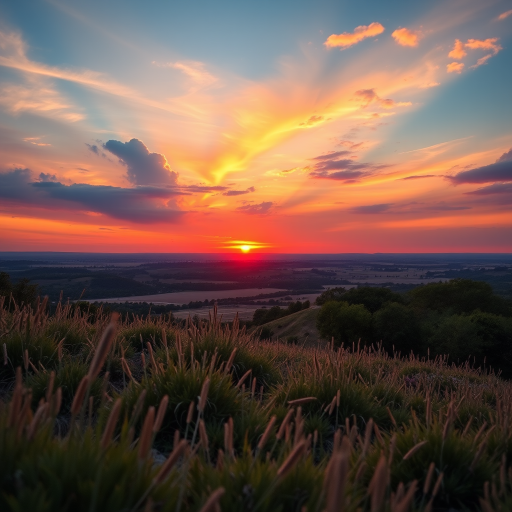Regenerate a vibrant sunset landscape with rich colors, using a DSLR camera with a 50mm lens, aperture f/1.8, ISO 100, at a 1/200s shutter speed, shot from a low angle to capture foreground interest and a panoramic view.