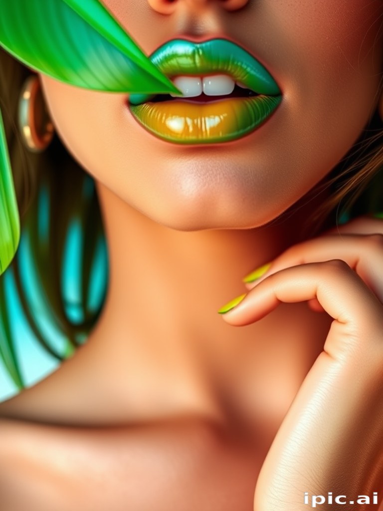 Exotic "Tropical Paradise" lip color combines vibrant turquoise and lime green in a glossy, two-toned effect, evoking lush island landscapes and adding a pop of unexpected color