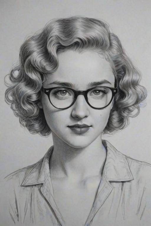 Fascinating Julia Garner, pencil sketch, portrait of Pleasing woman 1930s in glasses, hair style beatnik, outline, clear lines, fine lines, 8k