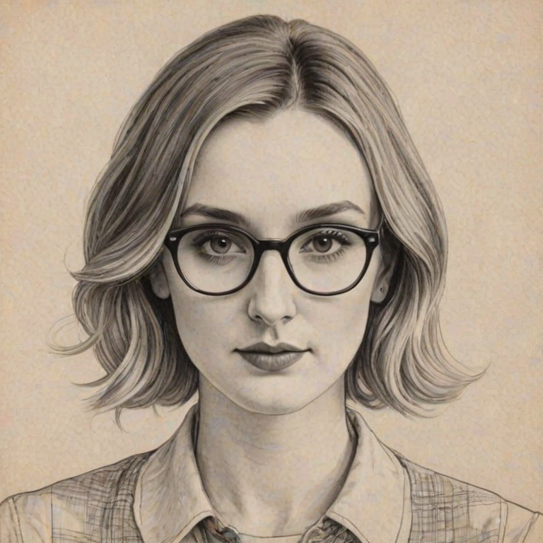 Graceful Laura Carmichael, pencil sketch, portrait of Enchanting woman 1925s in glasses, hair style beatnik, outline, clear lines, fine lines, 8k