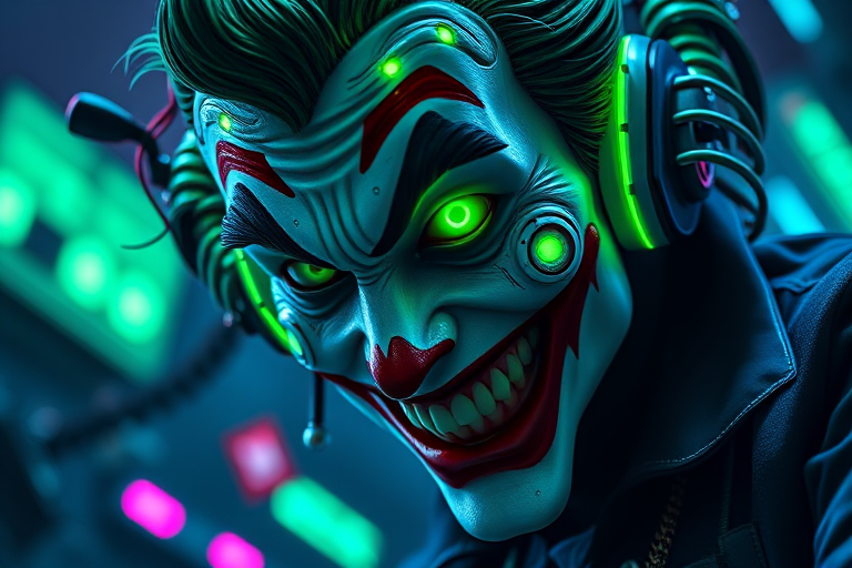 create a high-resolution digital artwork of a futuristic joker character with cybernetic elements, neon green highlights, and a glitch aesthetic, captured with a Canon EOS R5 using a 50mm lens, f/1.8 aperture, ISO 100, 1/200s shutter speed, and a dramatic low-angle view to emphasize details and depth.
