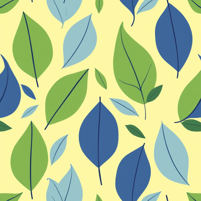 create a seamless pattern design featuring stylized green and blue leaves on a soft yellow background, high resolution, 50mm lens, f/5.6 aperture, studio lighting, shot with a digital SLR camera