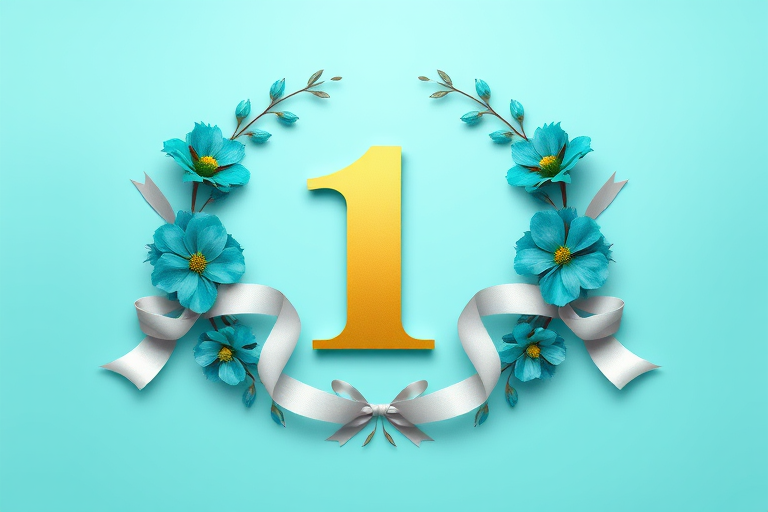 Create a visually striking emblem featuring a golden number one in the center surrounded by a floral wreath with teal flowers and elegant white ribbons on a soft turquoise background, captured with a Canon EOS R5, 85mm f/1.2 lens, aperture set to f/4, in a soft focus style to enhance details and vibrancy.