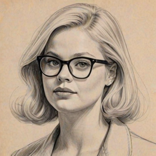 Elegant Lauren Potter, pencil sketch, portrait of Sublime woman 1961s in glasses, hair style beatnik, outline, clear lines, fine lines, 8k