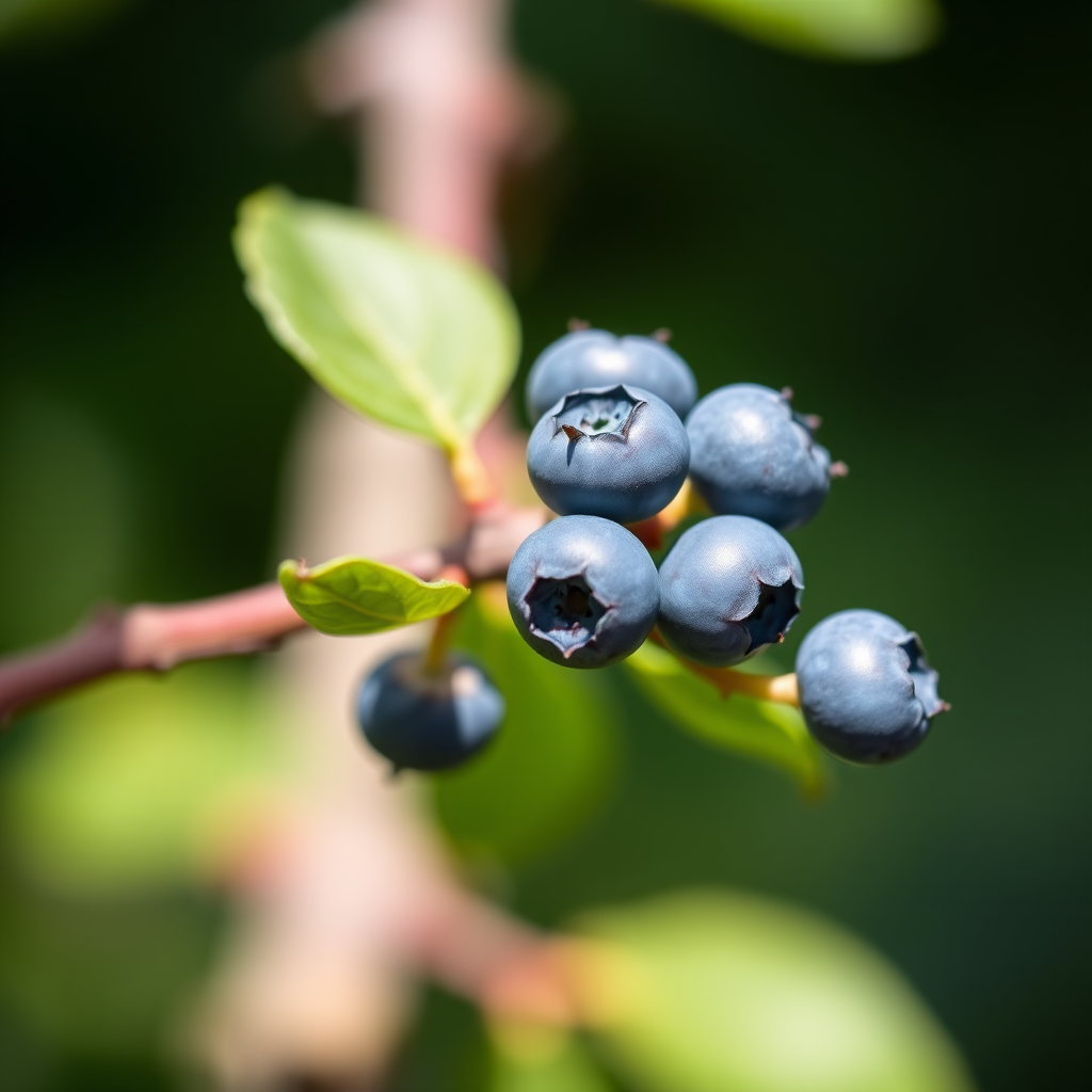 photograph of fresh blueberries on a delicate branch with green leaves, shallow depth of field, soft natural lighting, 50mm lens, f/1.8 aperture, ISO 100, high dynamic range, macro photography