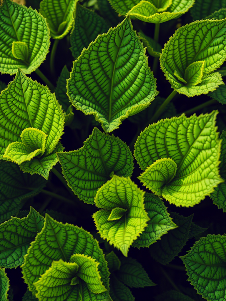 Create a highly detailed botanical illustration of lush green plants with intricate leaf patterns, shot with a DSLR camera at f/8 aperture, ISO 100, and a 50mm lens, using natural light to enhance the vibrancy and texture of the foliage in a macro view.