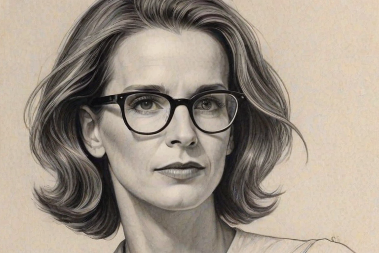 Fascinating Rachel Griffiths, pencil sketch, portrait of Alluring woman 1923s in glasses, hair style beatnik, outline, clear lines, fine lines, 8k