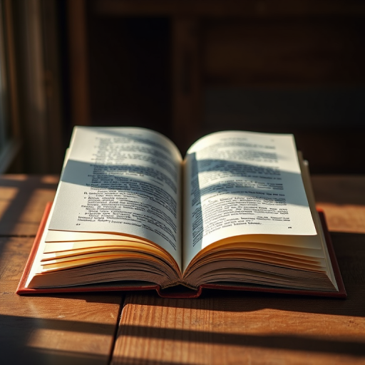 Create a high-resolution illustration of an open book on a wooden table with natural sunlight illuminating the pages, use a Canon EOS R5 with a 50mm f/1.2 lens at f/2.8, ISO 100, shutter speed 1/200s, in a soft focus style.
