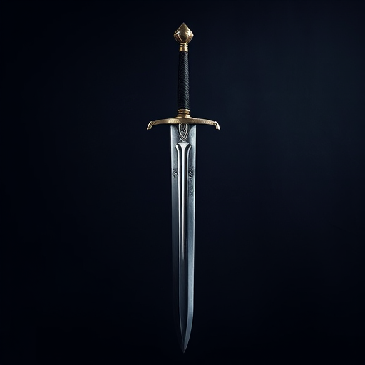 Create a detailed studio shot of a medieval sword standing vertically against a dark, textured background, using a DSLR camera at f/2.8 aperture, 50mm lens, ISO 100, with a softbox light for even illumination, ensuring high resolution and clarity to highlight the blade's engraving and handle details.