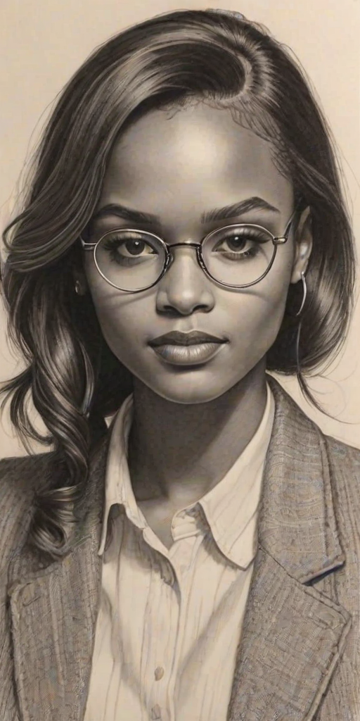 Comely Sierra McClain, pencil sketch, portrait of Charming woman 1924s in glasses, hair style beatnik, outline, clear lines, fine lines, 8k