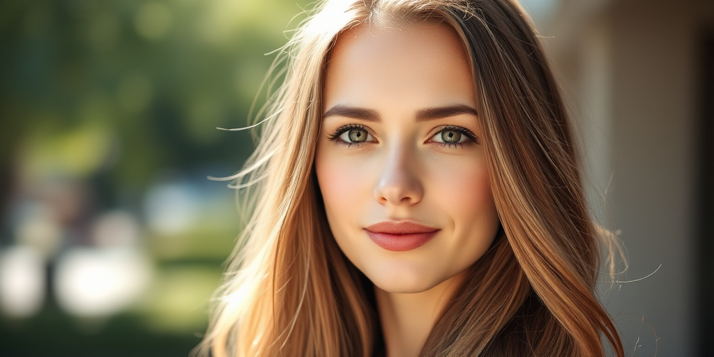 Generate a high-resolution portrait of a woman with long hair and a confident expression, using a DSLR camera, 50mm lens, f/1.8 aperture, ISO 100, natural lighting, and a shallow depth of field for a soft background effect.