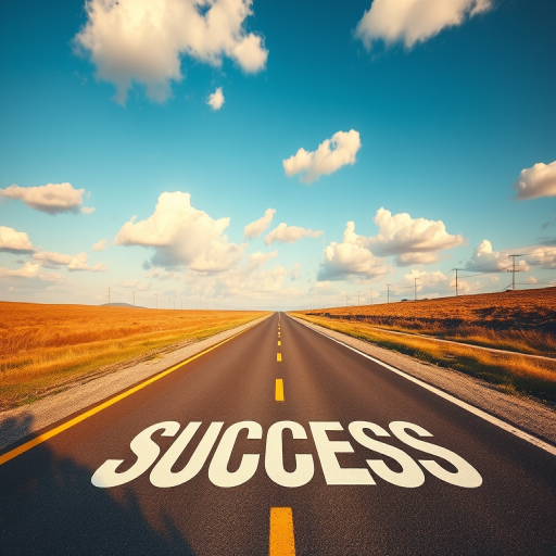 A long, straight road leading towards a bright blue sky with fluffy white clouds, the word "SUCCESS" painted large on the pavement, captured with a DSLR camera, 24mm lens, aperture f/8, ISO 100, shot during golden hour for enhanced lighting and color saturation.