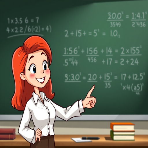 Create an illustrated image of a cartoon teacher with red hair pointing at a blackboard displaying basic math equations, using a high-resolution digital camera with a 35mm lens, f/2.8 aperture, ISO 100, and a slight tilt-shift effect for a more engaging perspective.