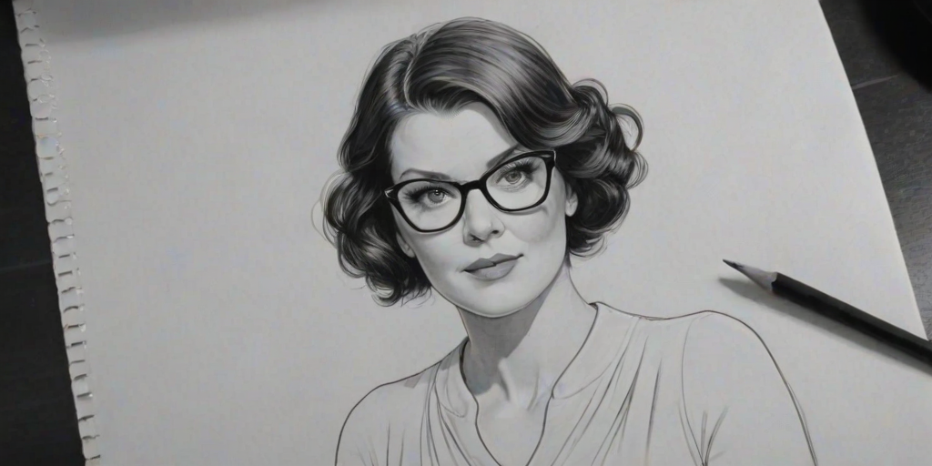 Wonderful Bellamy Young, pencil sketch, portrait of Resplendent woman 1923s in glasses, hair style beatnik, outline, clear lines, fine lines, 8k