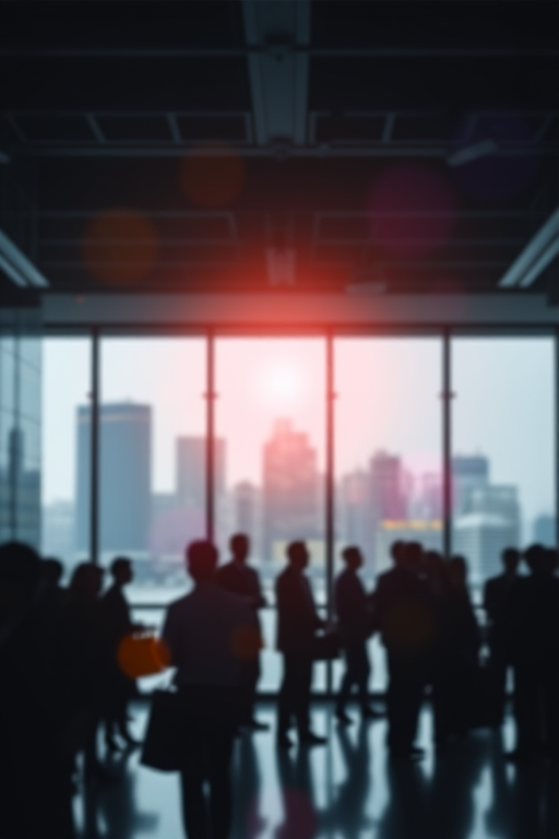 Create an image of a bustling office environment with silhouettes of people networking against a cityscape background, shot with a Canon EOS R5, 50mm lens, aperture f/1.8, ISO 200, in low light, capturing a soft bokeh effect with vibrant light flares and digital overlay elements.