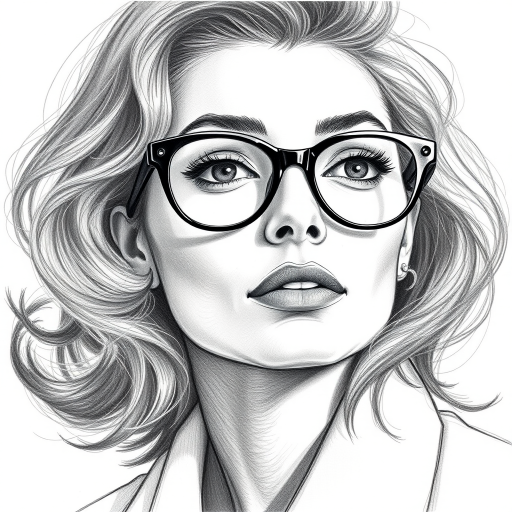 Beautiful Lauren Bacall, pencil sketch, portrait of beautiful woman 60s in glasses, hair style beatnik, outline, clear lines, fine lines, 8k
