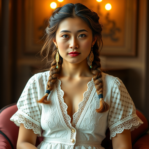 Create a portrait of a refined and elegant Tibetan woman seated in a sophisticated setting. She has long, wavy hair styled in two thick braids that are pulled over her shoulders. She wears a white, lace gown with intricate patterns, featuring a deep V-neckline and short sleeves. The dress exudes a vintage charm with its delicate lacework. She is adorned with ornate, dangling earrings that add a touch of glamour to her appearance. The background is softly lit, with warm, ambient lighting that creates a cozy and inviting atmosphere. Her expression is poised and serene, capturing a sense of grace and elegance.