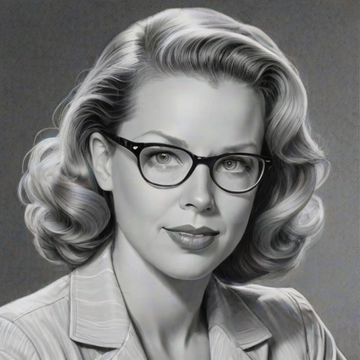 Graceful Jessica St. Clair, pencil sketch, portrait of Enchanting woman 1946s in glasses, hair style beatnik, outline, clear lines, fine lines, 8k