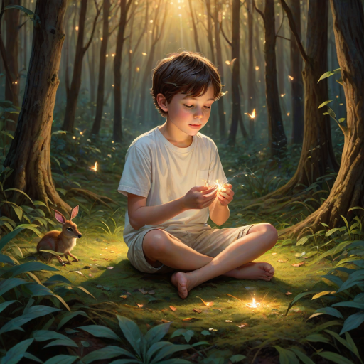 A luminous digital painting of a serene forest scene featuring a barefoot young boy, about 7 years old, with brown hair and fair skin, dressed in a simple white outfit. He sits cross-legged on the forest floor, gazing at a small, glowing, magical firefly in his hand. Beside him, a delicate spotted deer lies calmly on a bed of dried leaves, observing the scene. The dense forest is bathed in warm, golden light filtering through the trees, creating a peaceful, magical atmosphere with a blend of natural and mystical elements.