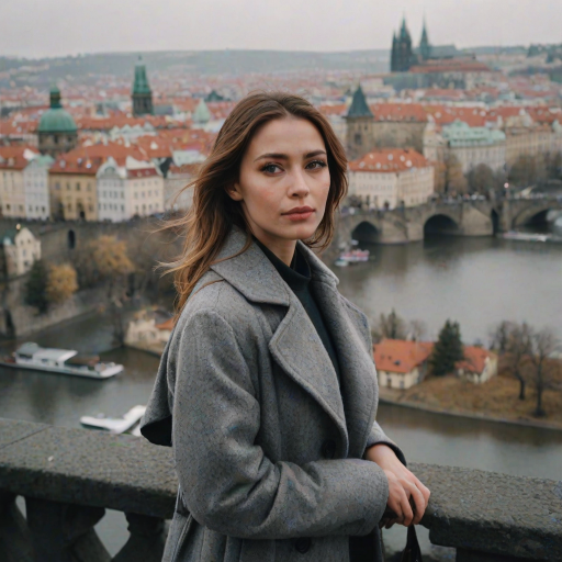 cinematic photo from above, waist up shot, sharp focus, a beautiful woman in foreground, in Prague, at the Charles Bridge, river in background, overcast rainy day, wearing long grey wool coat, warm rich color palette