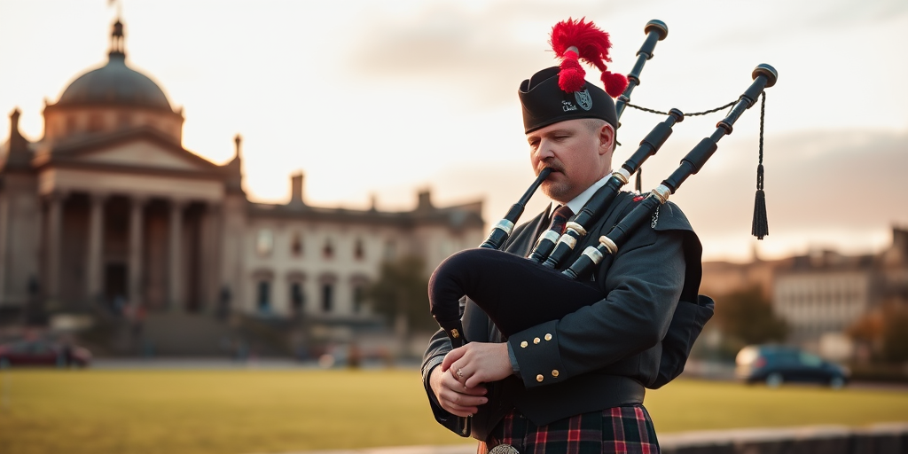 Regenerate the image of a piper in traditional attire playing bagpipes near a historical monument in Edinburgh during golden hour, captured with a Canon EOS R5, 50mm lens, aperture f/1.8, ISO 100, with a shallow depth of field to blur the background and enhance detail on the piper.