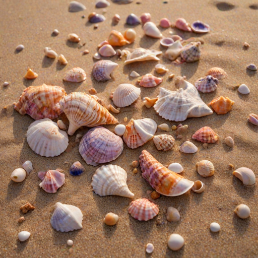A cluster of intricately detailed seashells, varying in shape and size, rest on a bed of fine, golden sand on a picturesque English beach, with the camera positioned extremely close to capture the textures and patterns. The shells glimmer with a soft, ethereal light, showcasing their iridescent hues, while the surrounding sand appears warm and inviting. In the blurred background, the gentle lapping of the sea against the shore creates a sense of tranquility, as the vibrant colors of the ((sunset)) â oranges, pinks, and purples â meld together in a beautifully abstract bokeh, with the faintest hint of waves and seaside foliage. The overall atmosphere is one of serene intimacy, with the shells and sand taking center stage amidst the soft, warm glow of the fading day.