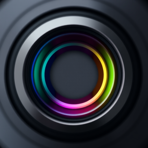 Create a high-resolution vector-style image featuring four colorful lens aperture designs in a row, with a gray center, using a Canon EOS R camera with a 50mm lens, f/2.8 aperture, ISO 100, shooting from a top-down view, utilizing a soft focus background to enhance simplicity and focus on the vibrant colors of the lens designs.