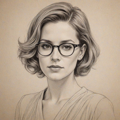 Pleasing Cameron Esposito, pencil sketch, portrait of Graceful woman 1932s in glasses, hair style beatnik, outline, clear lines, fine lines, 8k