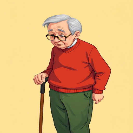 Create an illustration of an elderly man with gray hair wearing a red sweater and green pants, using a cane, standing in a slight forward lean against a soft yellow background, shot with a DSLR camera at f/4, ISO 100, 50mm lens, natural lighting for enhanced clarity and color.