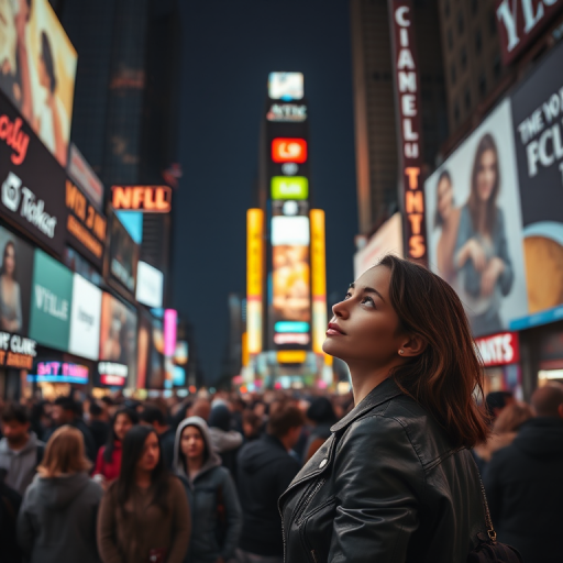 Crowded city square at night, illuminated by towering billboards and neon signs, a woman in a leather jacket stands among the bustling crowd, looking up at the lights with a thoughtful expression.