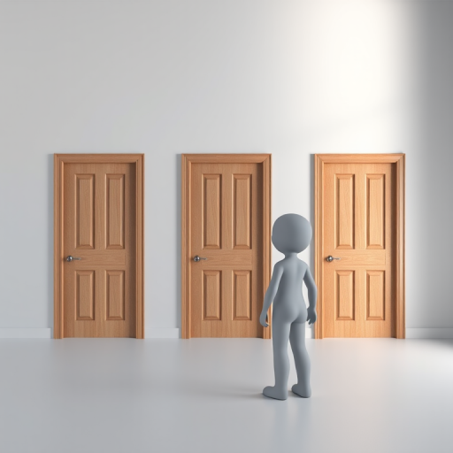 3D rendering of a stick figure contemplating three wooden doors in a minimalistic room, soft lighting, 85mm lens, f/2.8 aperture, ISO 100, top-down view, realistic style, high-resolution output.