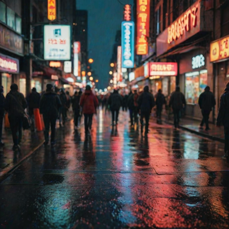 Blurry, candid photo of a bustling street corner in a big city, soft glow from neon signs illuminating the wet pavement, with distant figures walking in and out of focus.