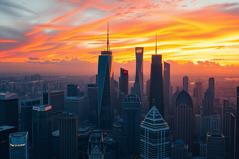high-resolution image of a futuristic city skyline at sunset, vibrant colors in the sky, dynamic lighting reflecting on buildings, shot with a Canon EOS R5, 50mm lens, f/1.8, ISO 200, aperture priority mode, panoramic view