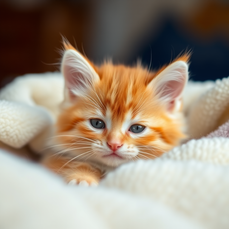 A close-up portrait of a fluffy orange tabby kitten nestled in a soft white blanket, captured using a DSLR camera with a 50mm lens, aperture set to f/1.8 for a shallow depth of field, ISO 200, natural light for soft shadows and highlights.
