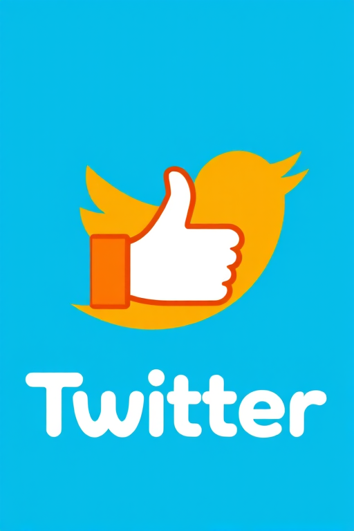 Generate an image featuring a stylized Twitter logo with a thumbs up icon in bright orange and white colors, using a DSLR camera with a 50mm lens, aperture set to f/1.8, ISO 100, focal length 50mm, shot from a straight-on angle for clarity and high contrast.