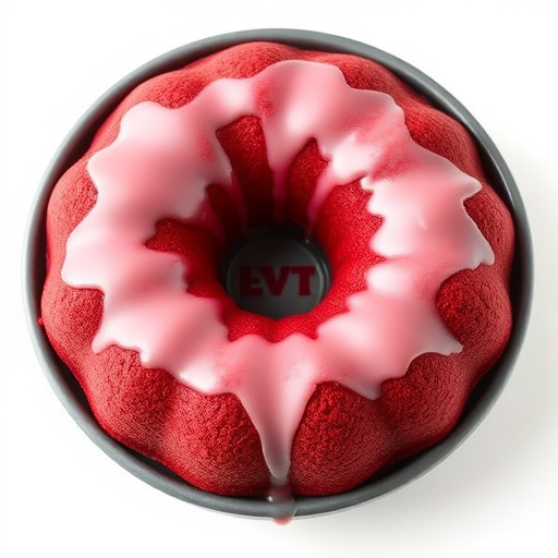 Red velvet cake in a bundt pan with a rich texture and vibrant red color topped with a glossy glaze on a white background.