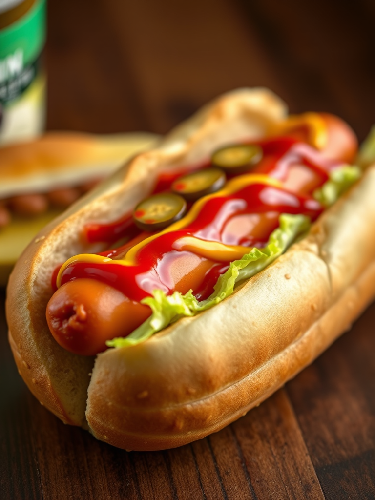 create a realistic image of a hot dog in a sesame seed bun with vibrant toppings like mustard, ketchup, lettuce, and pickles, captured with a DSLR camera at f/2.8 aperture, 50mm lens, soft lighting, and a slightly elevated angle to enhance details and texture