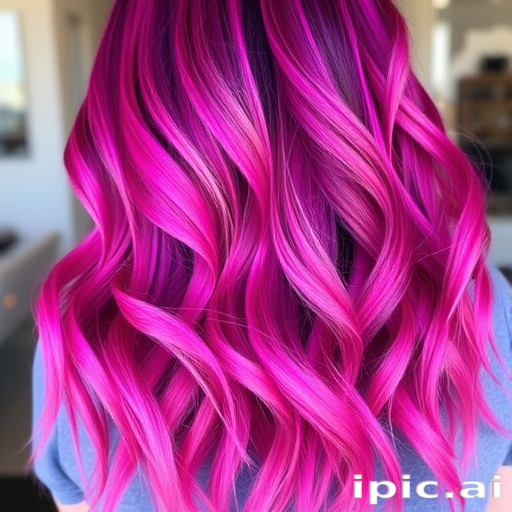 Vibrant magenta ombre hair cascading in loose waves, known as "Sunset Serenade," featuring subtle metallic highlights and a soft, feathered texture that catches the light beautifully