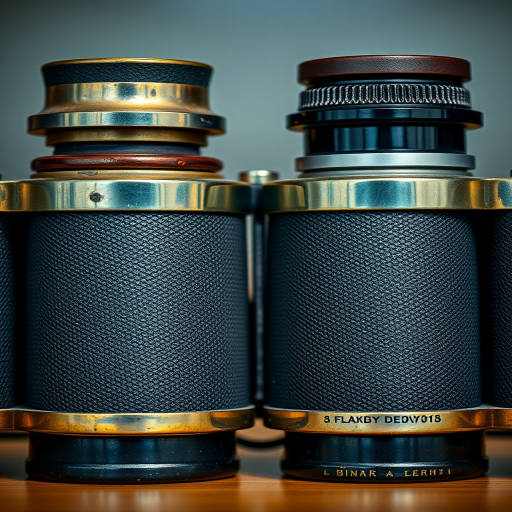 Create a high-resolution image of two vintage binoculars side by side, with detailed texture and reflections, using a DSLR camera with a 50mm f/1.8 lens, aperture at f/4, ISO 100, and a shallow depth of field to enhance focus on the binoculars while softly blurring the background.